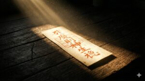 暗闇を切り裂く強い光に照らされる朱肉の護符。効果が出るまでの期間に訪れる激しい好転反応(瞑眩)や、運命が書き換わる前兆を象徴する画像です。