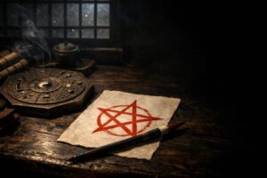 薄暗い部屋で、古い木の机に置かれた占星盤と和紙に朱色で描かれた晴明桔梗(五芒星)の護符。陰陽師・安倍晴明が操った「呪」や「六壬神課」といった高度な計算術と、歴史の真実を象徴する画像です。