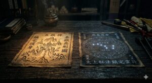 最強の護符とされる五岳真形図と太上秘法鎮宅霊符の呪術的エネルギーを表したイメージ画像