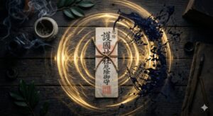 呪い返しの呪文（真言）が放つ高周波の倍音と刀印護符が、生霊の低い波動を相殺・浄化する結界